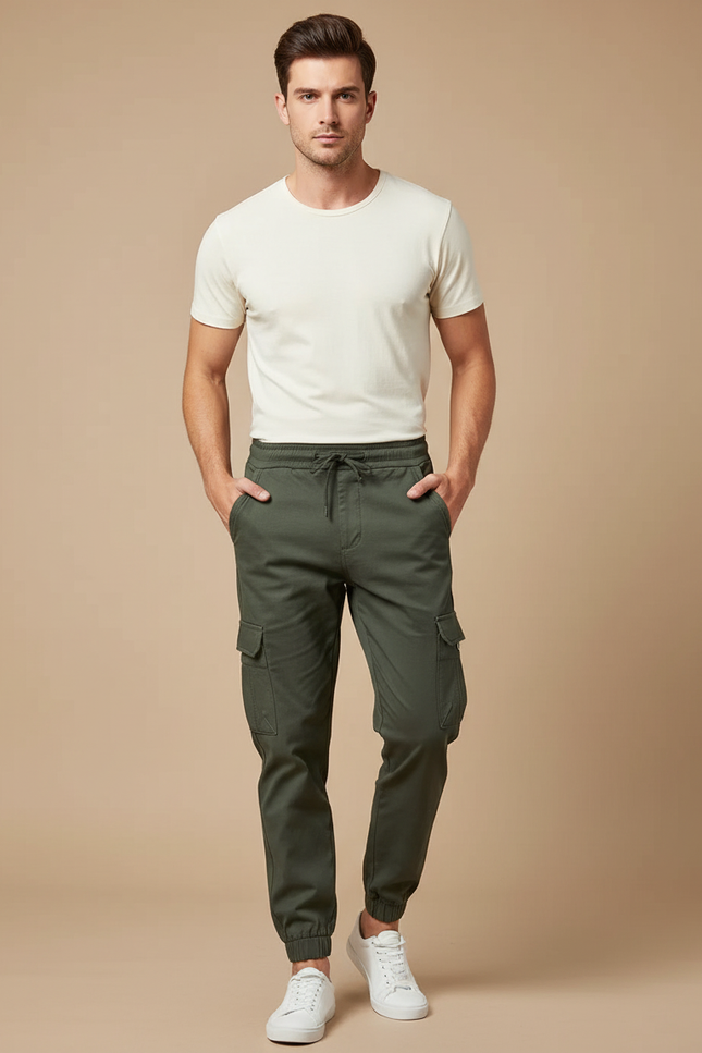 Pantalon Cargo Homme Vert Coton Décontracté Jogger - Kaki