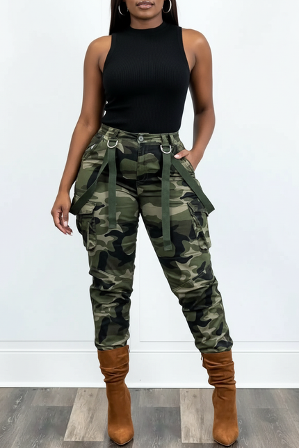 Pantalon Cargo Camouflage Militaire Slim Bretelles Femme - Kaki Toile