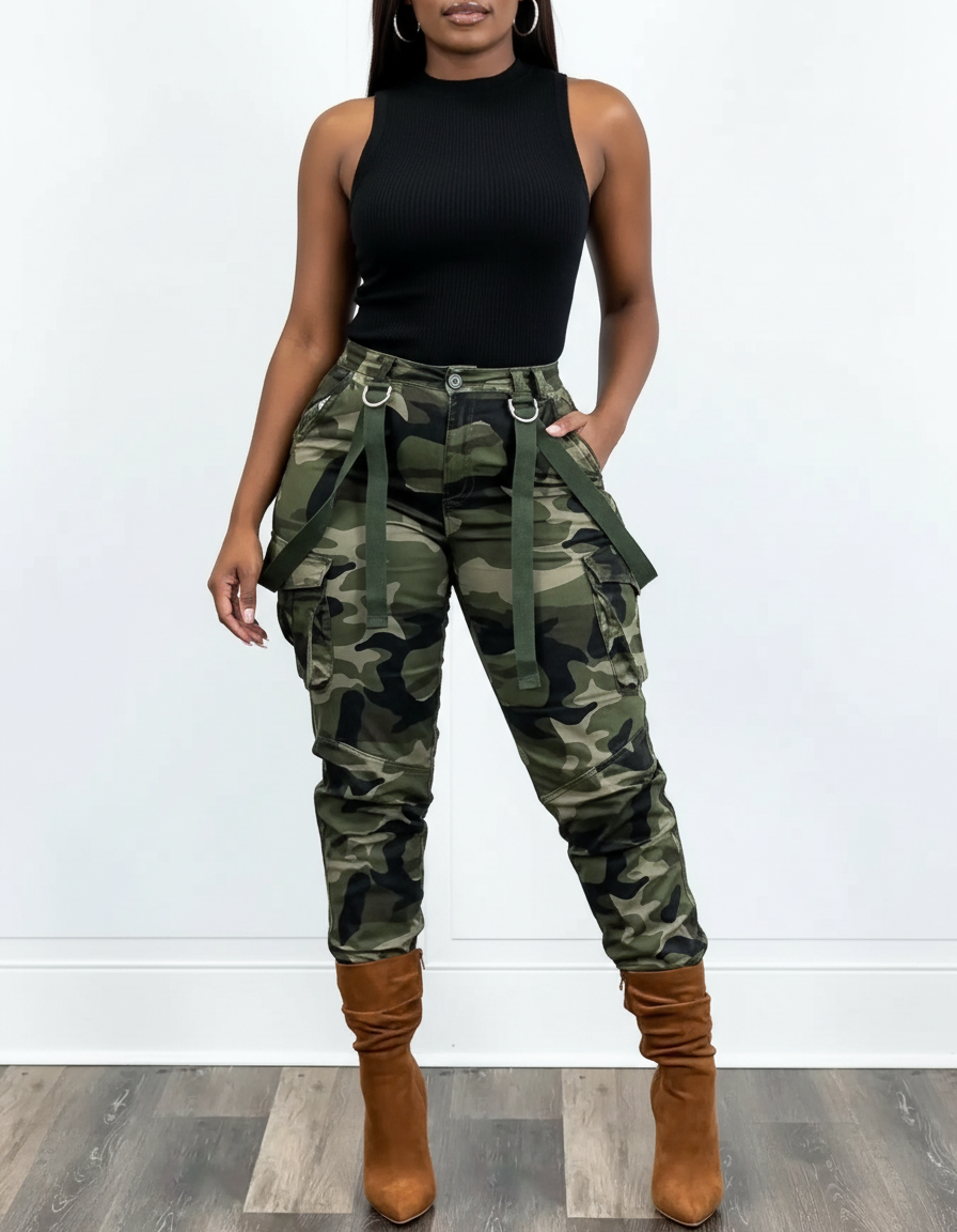 Pantalon Cargo Camouflage Militaire Slim Bretelles Femme - Kaki Toile