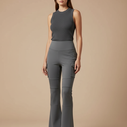 Pantalon Cargo Gris Évasé Femme Ajusté Confortable - Polyester