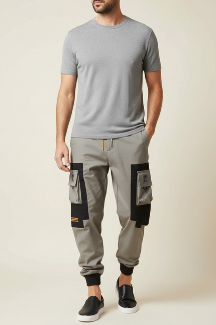 Pantalon Cargo Gris Patchwork Poches Multiples Homme - Gabardine