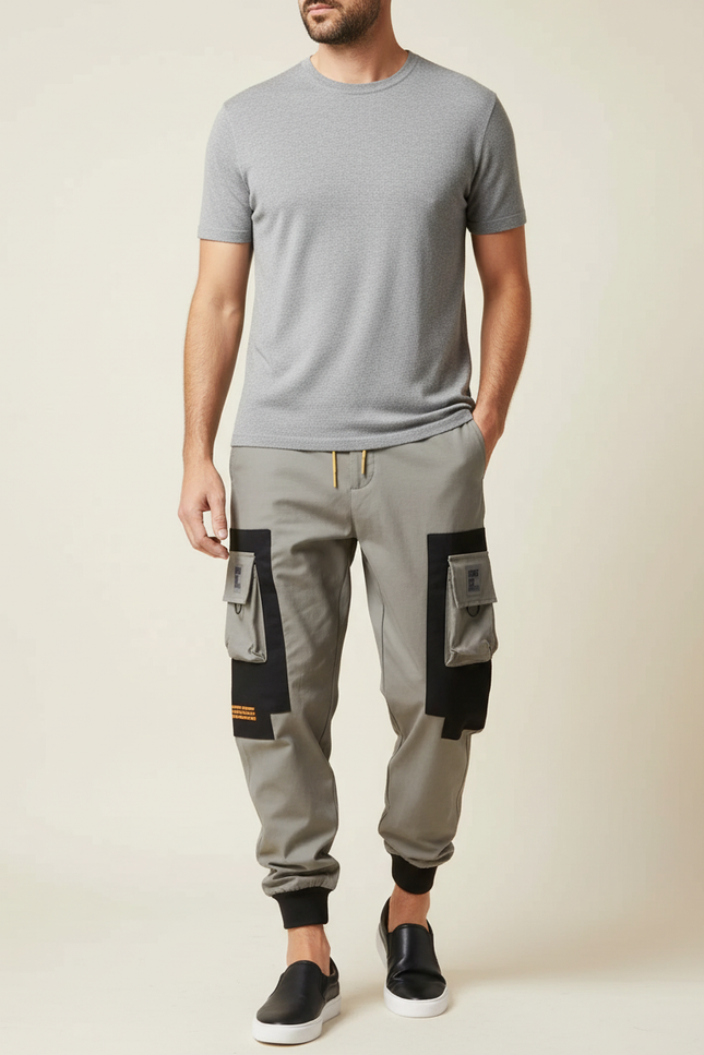 Pantalon Cargo Gris Patchwork Poches Multiples Homme - Gabardine