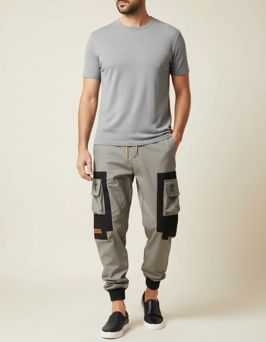 Pantalon Cargo Gris Patchwork Poches Multiples Homme - Gabardine