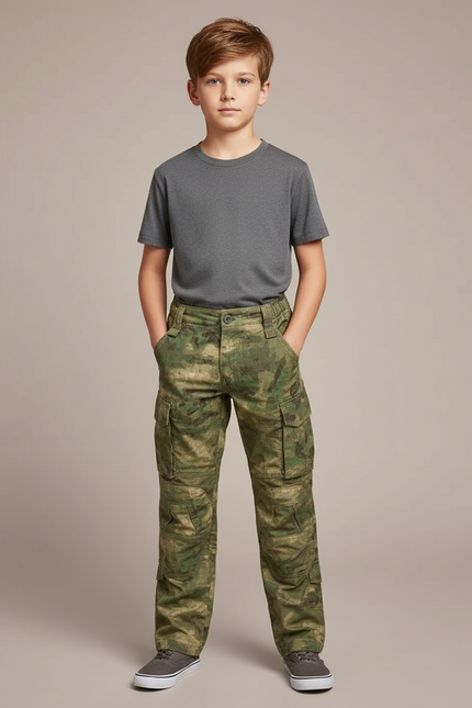 Pantalon Cargo Camouflage Militaire Enfant Garçon Vert Ample - Toile