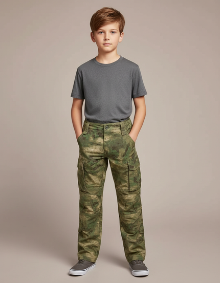 Pantalon Cargo Camouflage Militaire Enfant Garçon Vert Ample - Toile