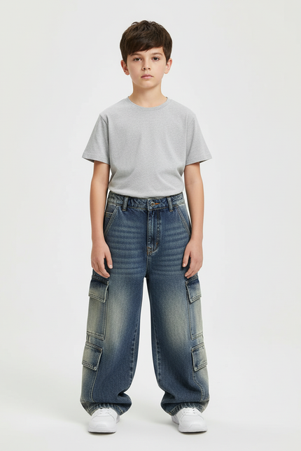 Pantalon Cargo Jean Bleu Ample Multipoches Enfant
