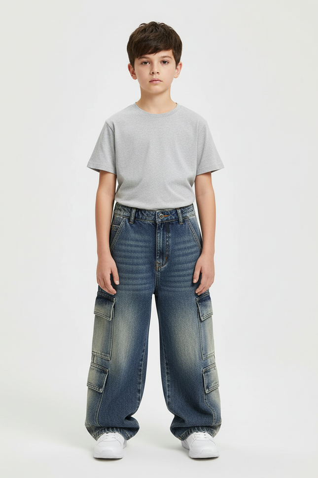 Pantalon Cargo Jean Bleu Ample Multipoches Enfant