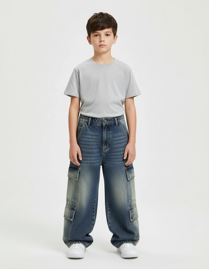 Pantalon Cargo Jean Bleu Ample Multipoches Enfant