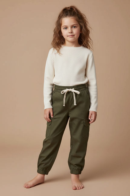 Pantalon Cargo Kaki Ample Poches Cordon Enfant - Toile