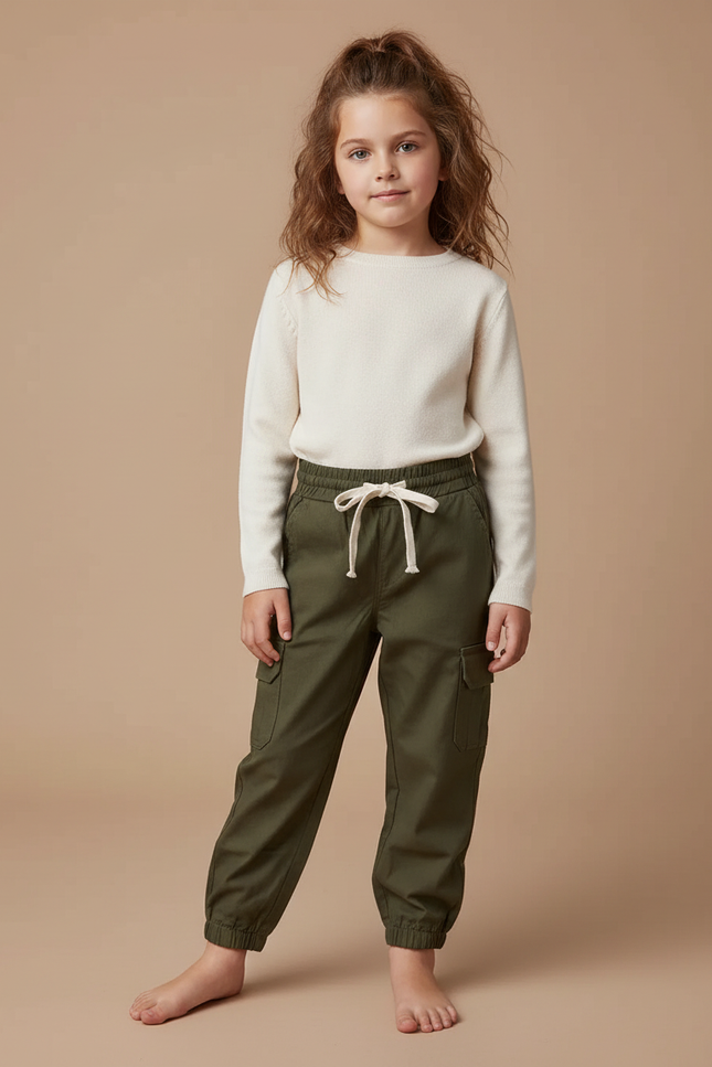 Pantalon Cargo Kaki Ample Poches Cordon Enfant - Toile