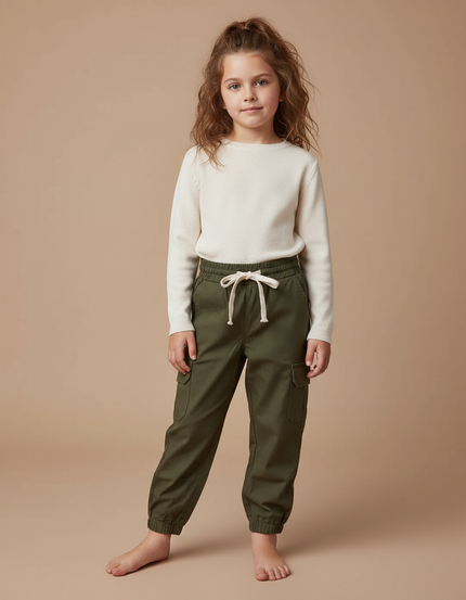 Pantalon Cargo Kaki Ample Poches Cordon Enfant - Toile