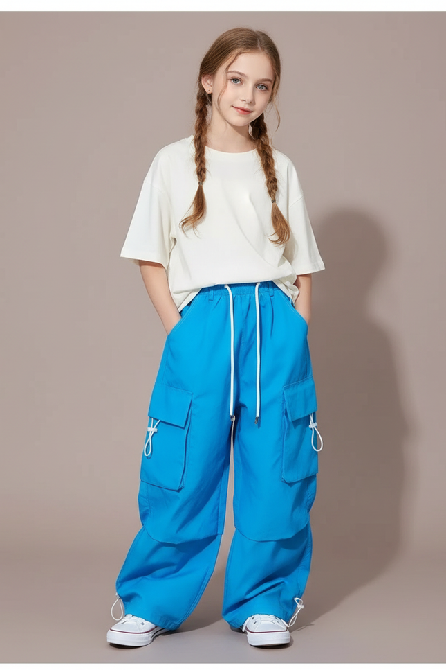 Pantalon Cargo Bleu Ample Enfants Streetwear - Polyester