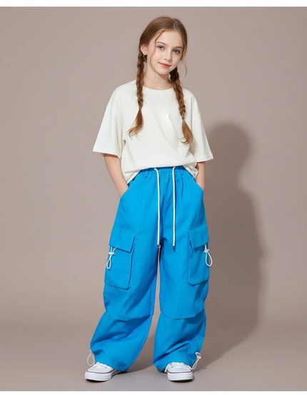Pantalon Cargo Bleu Ample Enfants Streetwear - Polyester