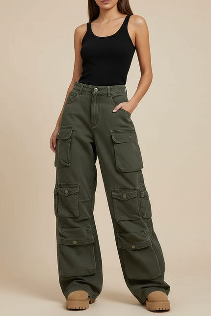 Pantalon Cargo Vert Ample Multipoches Taille Haute Femme - Kaki Toile