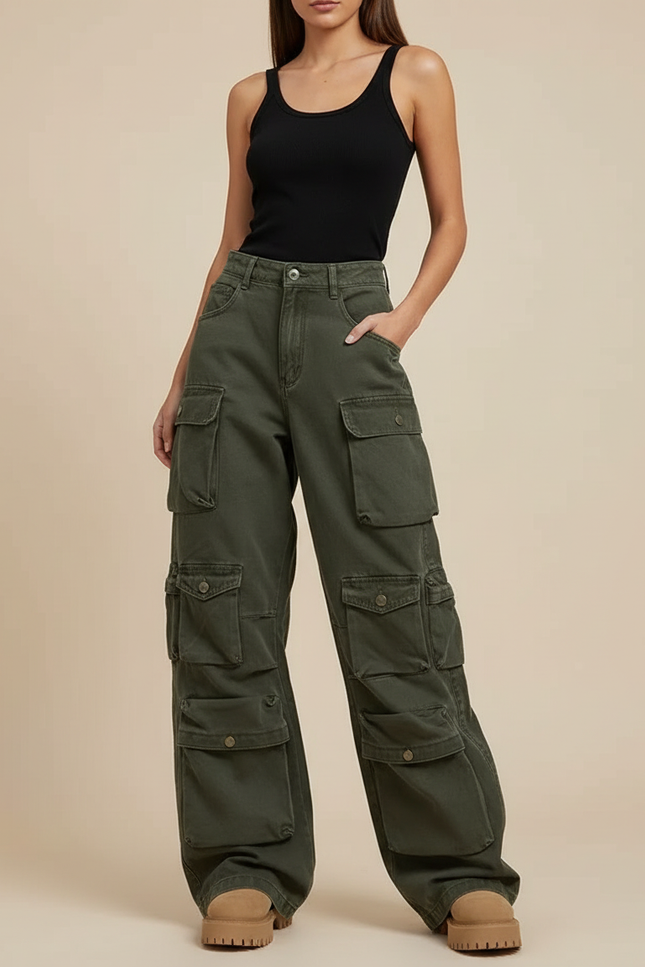 Pantalon Cargo Vert Ample Multipoches Taille Haute Femme - Kaki Toile