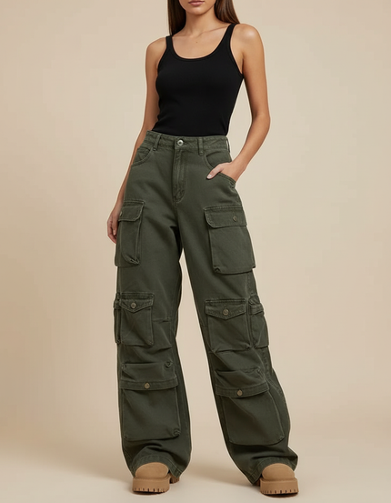 Pantalon Cargo Vert Ample Multipoches Taille Haute Femme - Kaki Toile