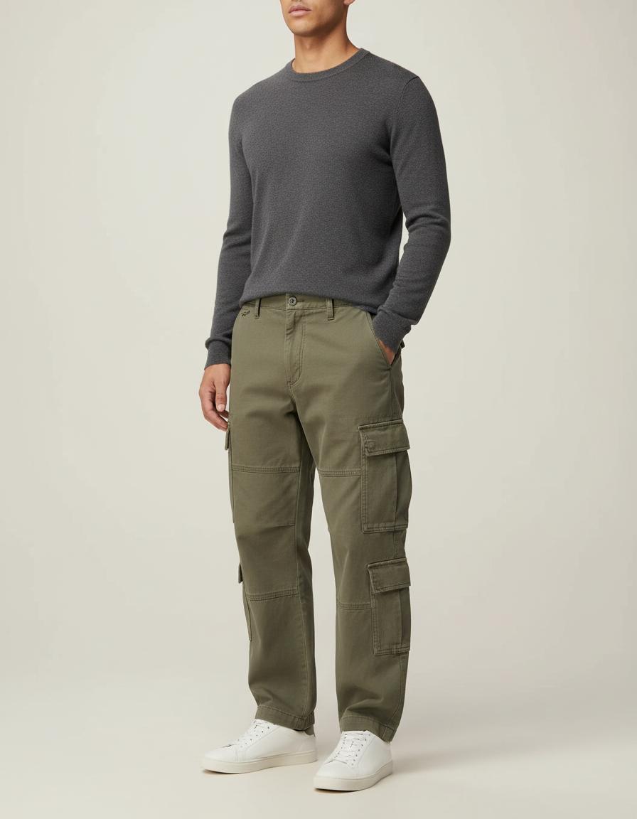 Pantalon Cargo Vert Kaki Ample Multipoches Coton - Toile