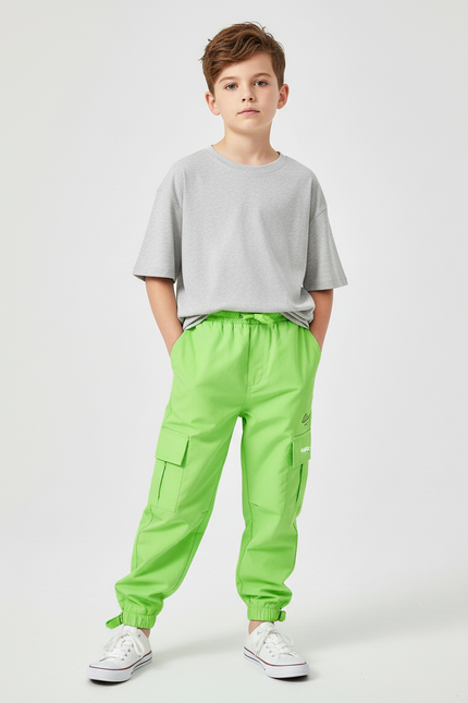Pantalon Cargo Vert Fluo Ample Enfant Poches - Polyester