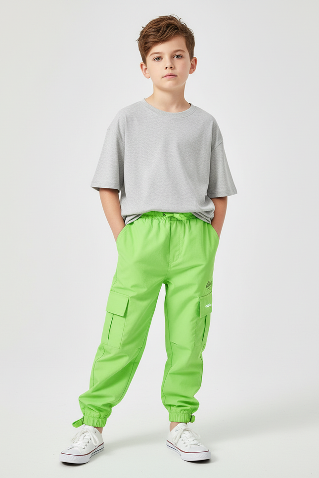 Pantalon Cargo Vert Fluo Ample Enfant Poches - Polyester