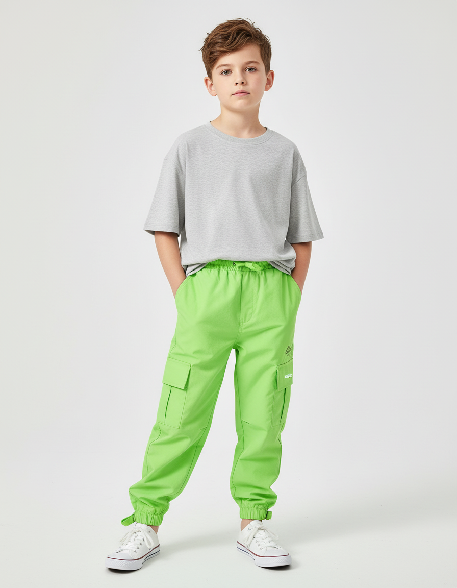 Pantalon Cargo Vert Fluo Ample Enfant Poches - Polyester