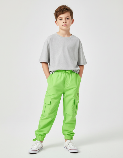 Pantalon Cargo Vert Fluo Ample Enfant Poches - Polyester