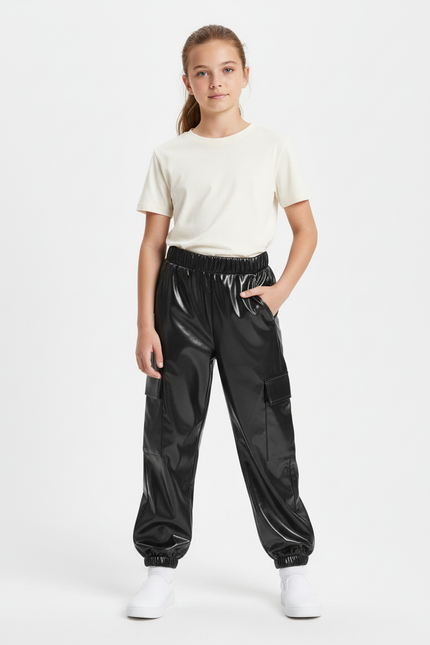 Pantalon Cargo Noir Brillant Ample Fille - Simili cuir