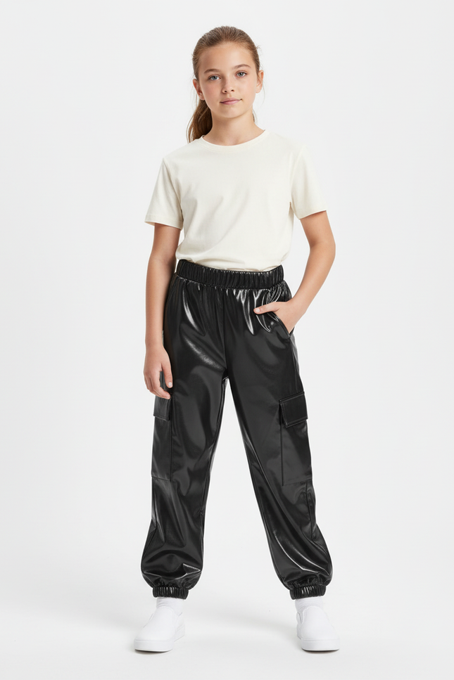 Pantalon Cargo Noir Brillant Ample Fille - Simili cuir