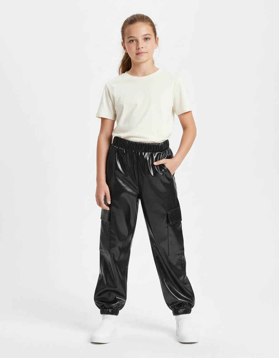 Pantalon Cargo Noir Brillant Ample Fille - Simili cuir