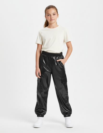 Pantalon Cargo Noir Brillant Ample Fille - Simili cuir