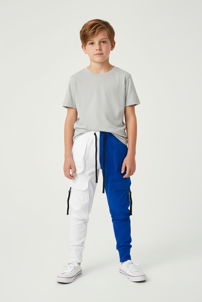 Pantalon Cargo Bicolore Blanc Bleu Multipoches Enfant - Multicolore Molleton