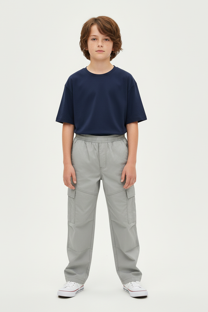 Pantalon Cargo Gris Clair Ample Multipoches Enfant - Polyester