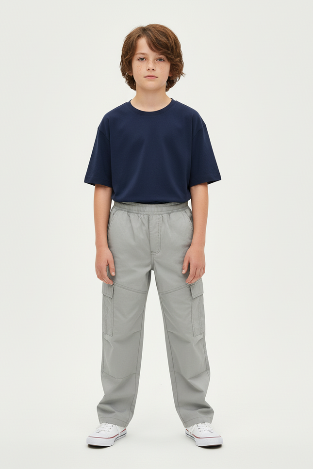 Pantalon Cargo Gris Clair Ample Multipoches Enfant - Polyester
