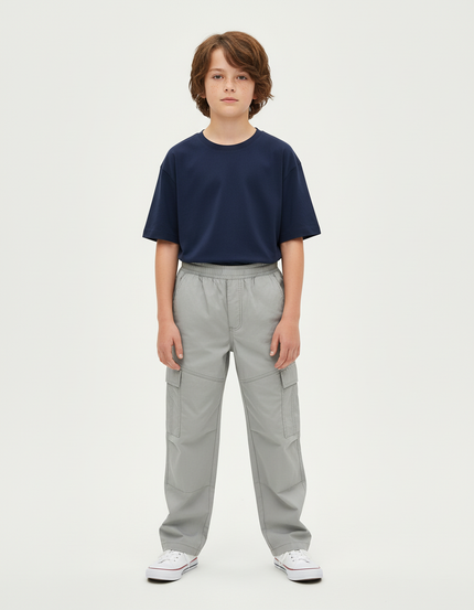 Pantalon Cargo Gris Clair Ample Multipoches Enfant - Polyester
