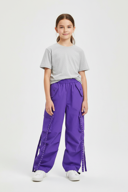 Pantalon Cargo Violet Ample Fille Streetwear Poches - Polyester