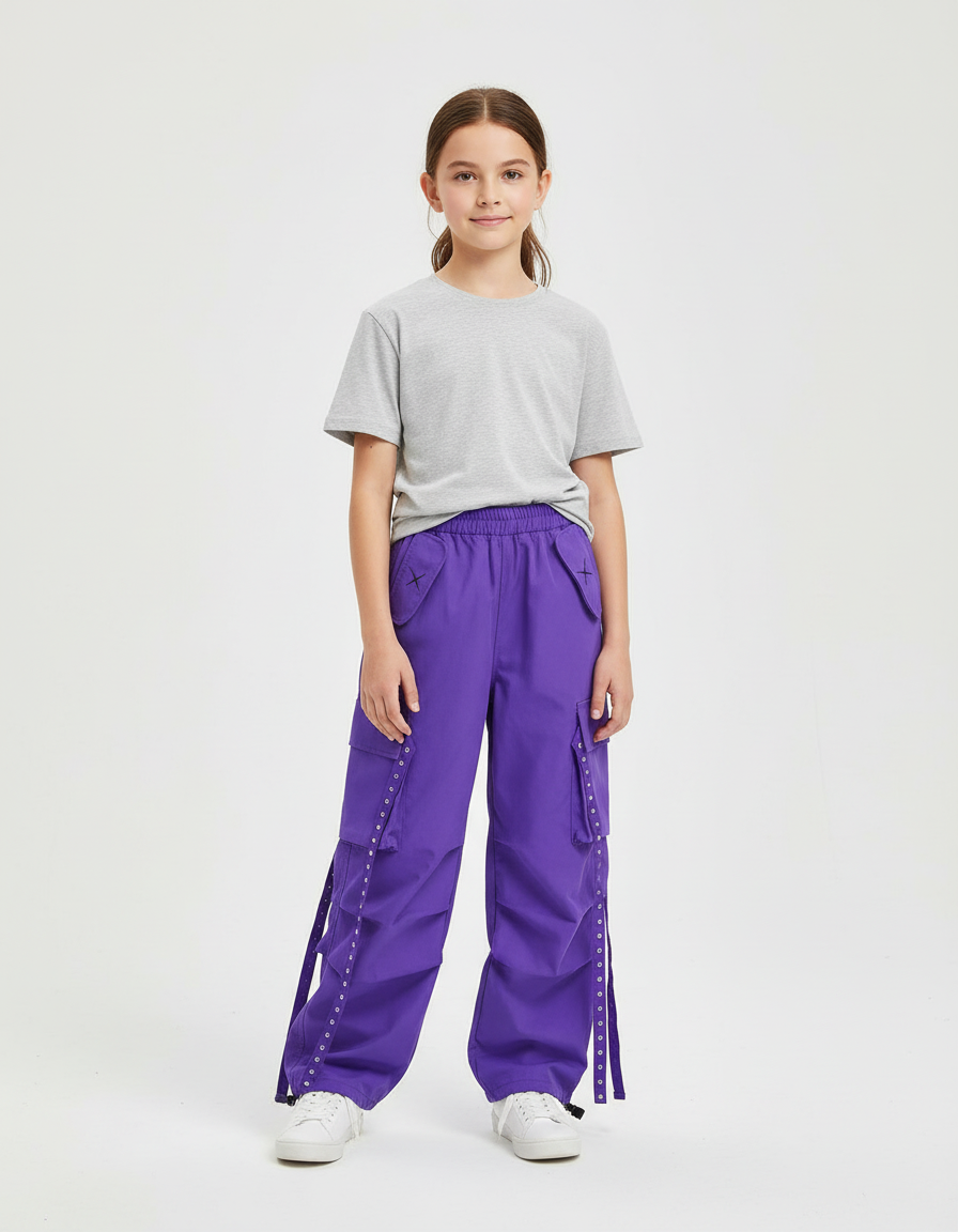 Pantalon Cargo Violet Ample Fille Streetwear Poches - Polyester