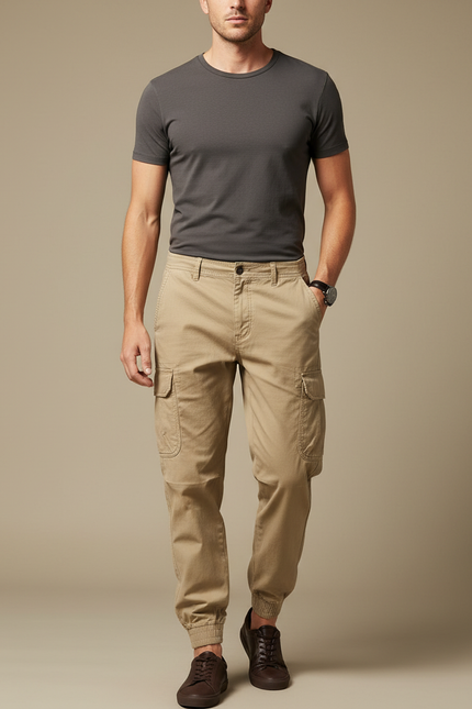 Pantalon Cargo Beige Coton Jogger Multipoches Homme
