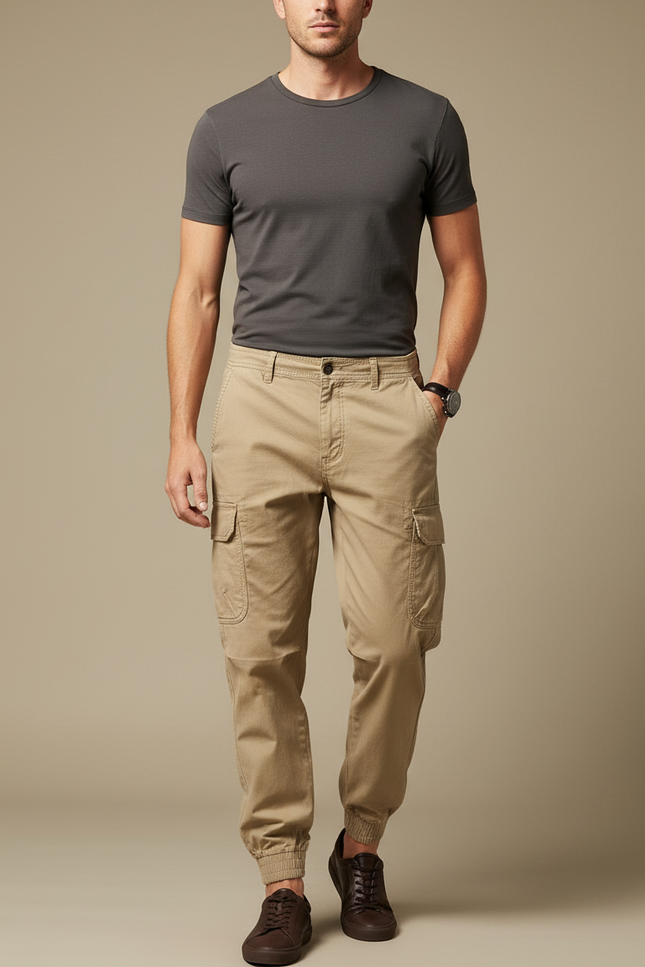 Pantalon Cargo Beige Coton Jogger Multipoches Homme