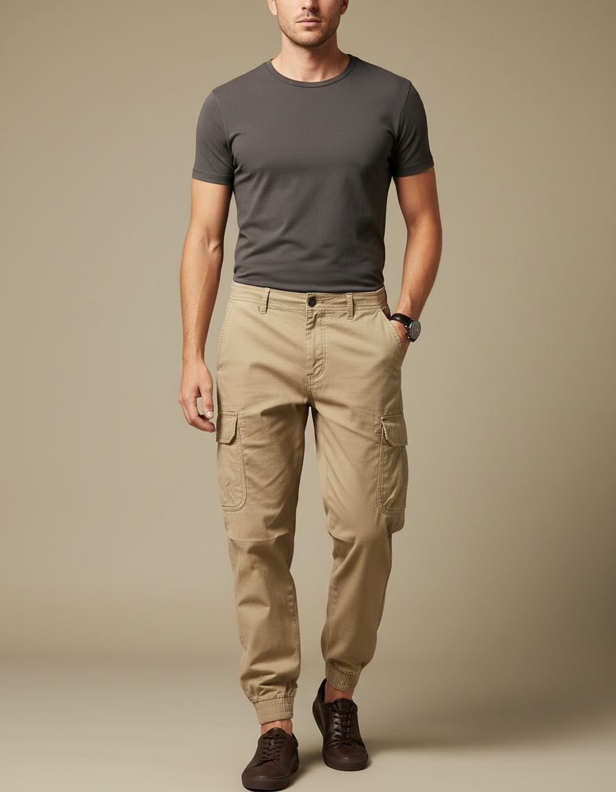Pantalon Cargo Beige Coton Jogger Multipoches Homme