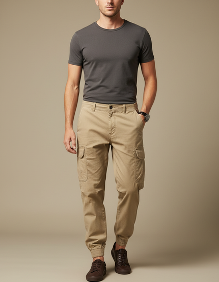 Pantalon Cargo Beige Coton Jogger Multipoches Homme