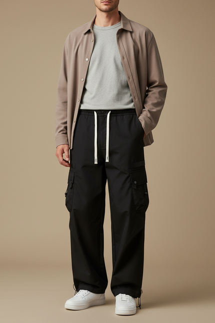 Pantalon Cargo Noir Ample Homme Streetwear - Polyester