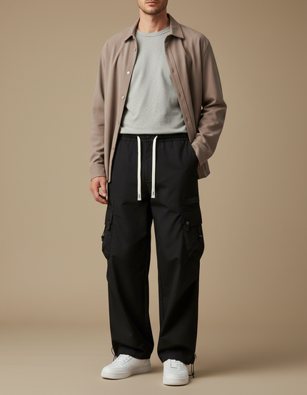 Pantalon Cargo Noir Ample Homme Streetwear - Polyester