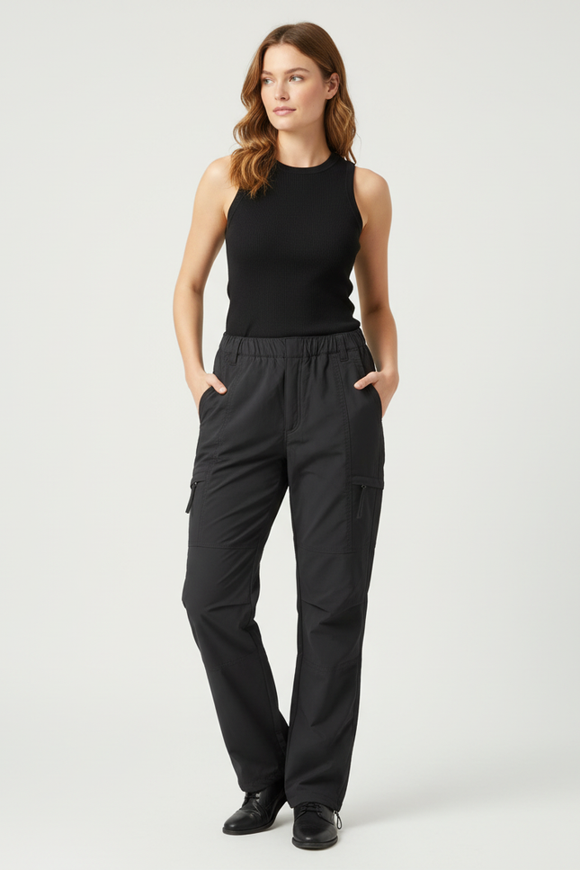 Pantalon Cargo Femme Noir Droit - Polyester