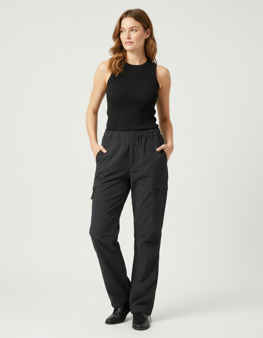 Pantalon Cargo Femme Noir Droit - Polyester