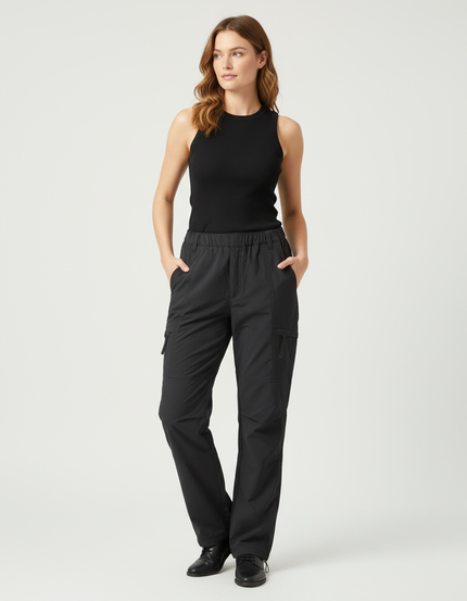 Pantalon Cargo Femme Noir Droit - Polyester
