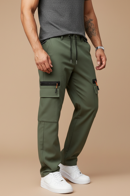 Pantalon Cargo Vert Kaki Homme Décontracté Multipoches Zippées - Polyester