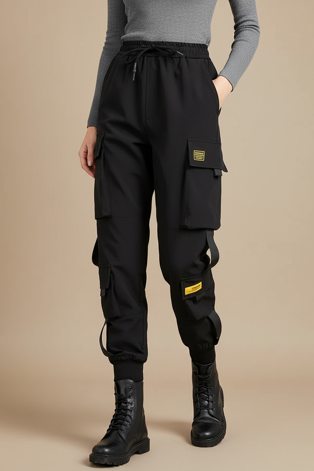 Pantalon Cargo Noir Femme Ample Sportif Poches - Polyester
