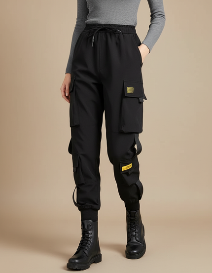 Pantalon Cargo Noir Femme Ample Sportif Poches - Polyester