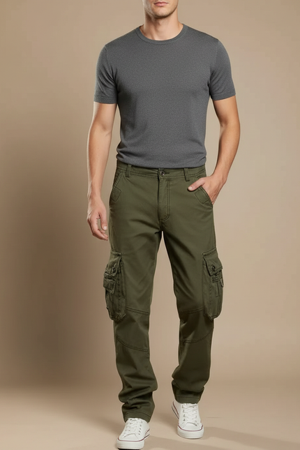 Pantalon Cargo Vert Coton Multipoches Décontracté Homme - Kaki Toile