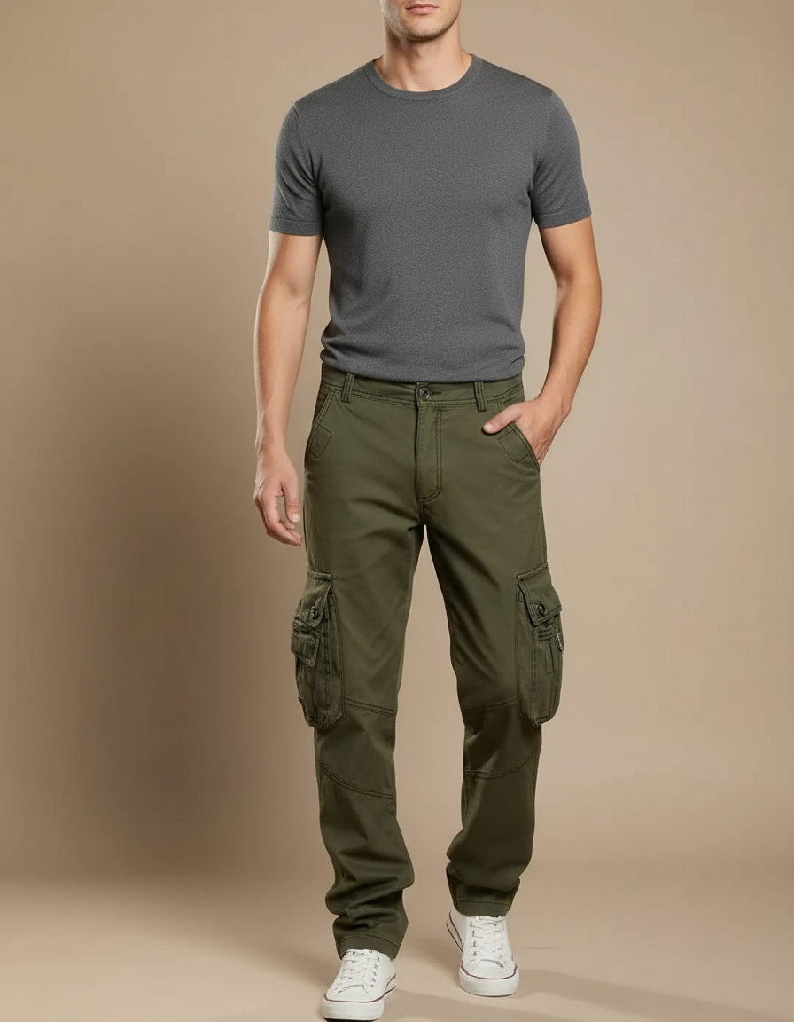 Pantalon Cargo Vert Coton Multipoches Décontracté Homme - Kaki Toile