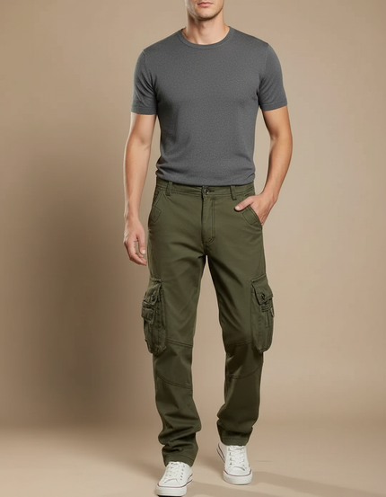 Pantalon Cargo Vert Coton Multipoches Décontracté Homme - Kaki Toile